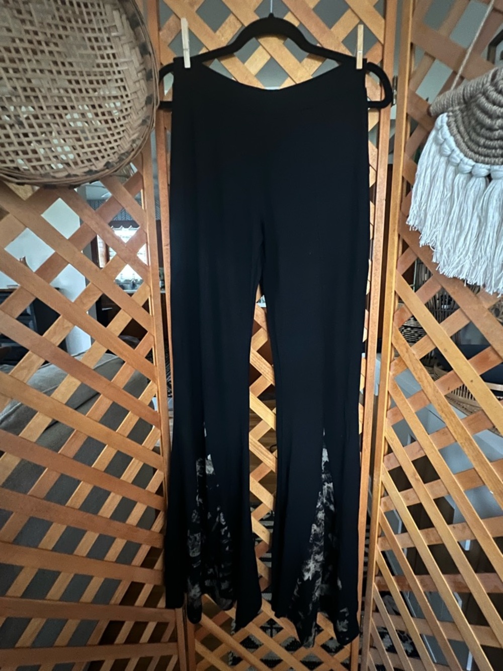 Black Flare Hem Tie-Dye Accent Pants - Women's
